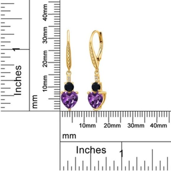 18K Yellow Gold with 2.27 Cttw Amethyst and Black Onyx Heart Leverback Earrings - Picture 4 of 4
